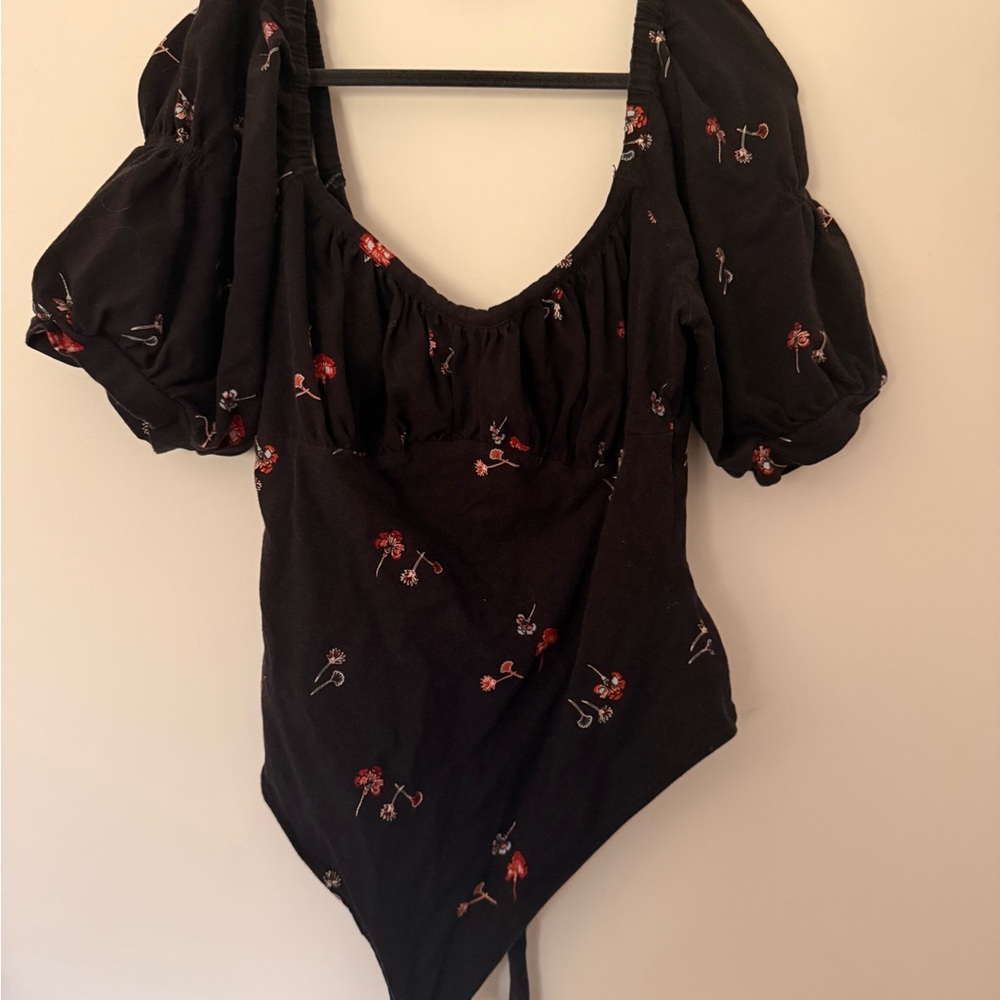 Free People Black Floral Puff Sleeve Bodysuit